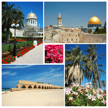 Collage of Israel landmarks -old Jerusalem,Bahai temple at Haifa